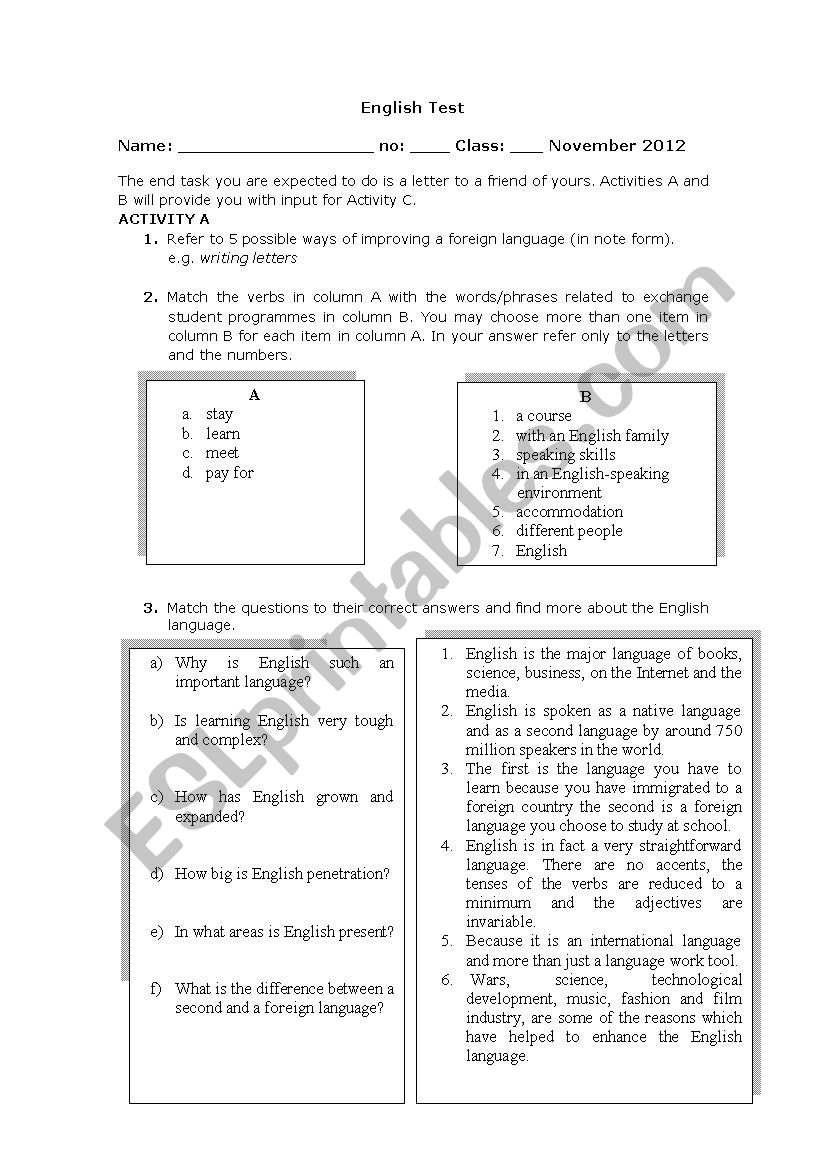 English Test 10th grade worksheet