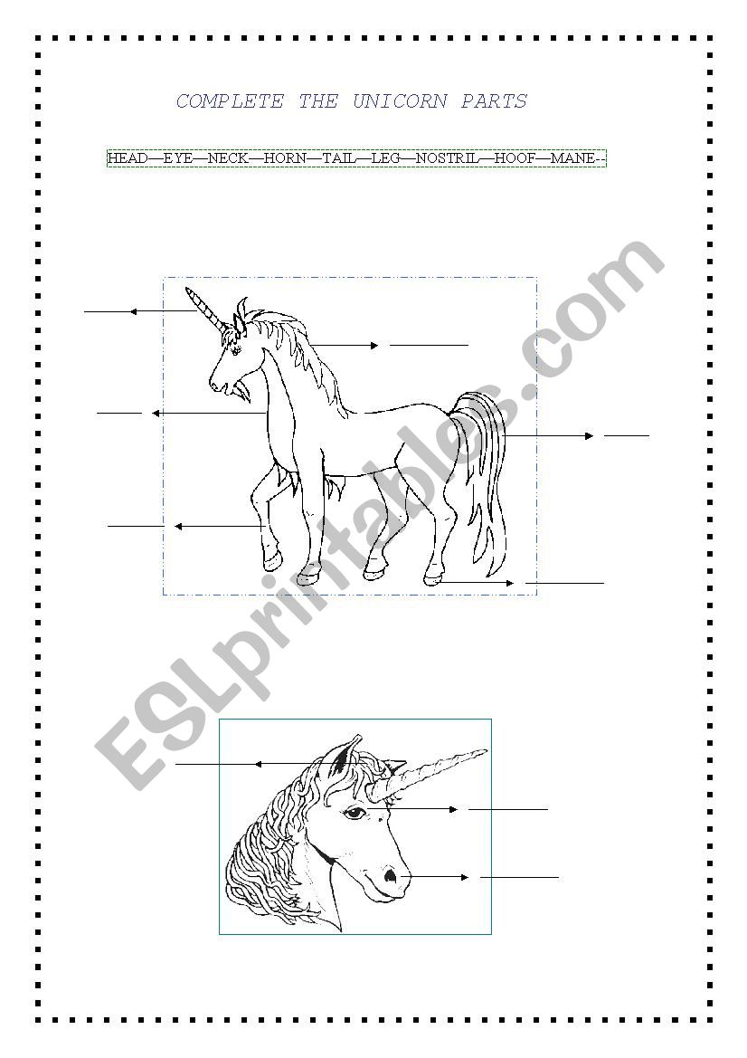 the unicorn, body parts. worksheet