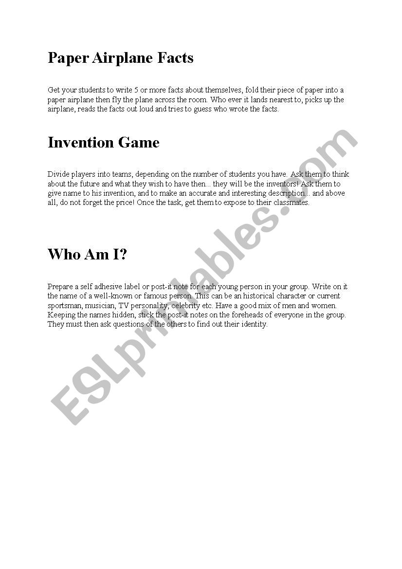 ice-breaker games worksheet