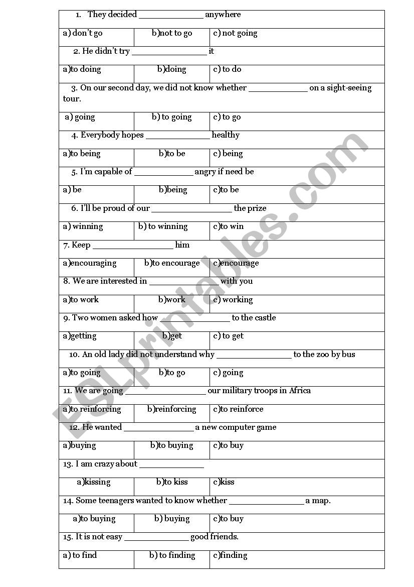 Gerund and Infinitive (multiple choice)