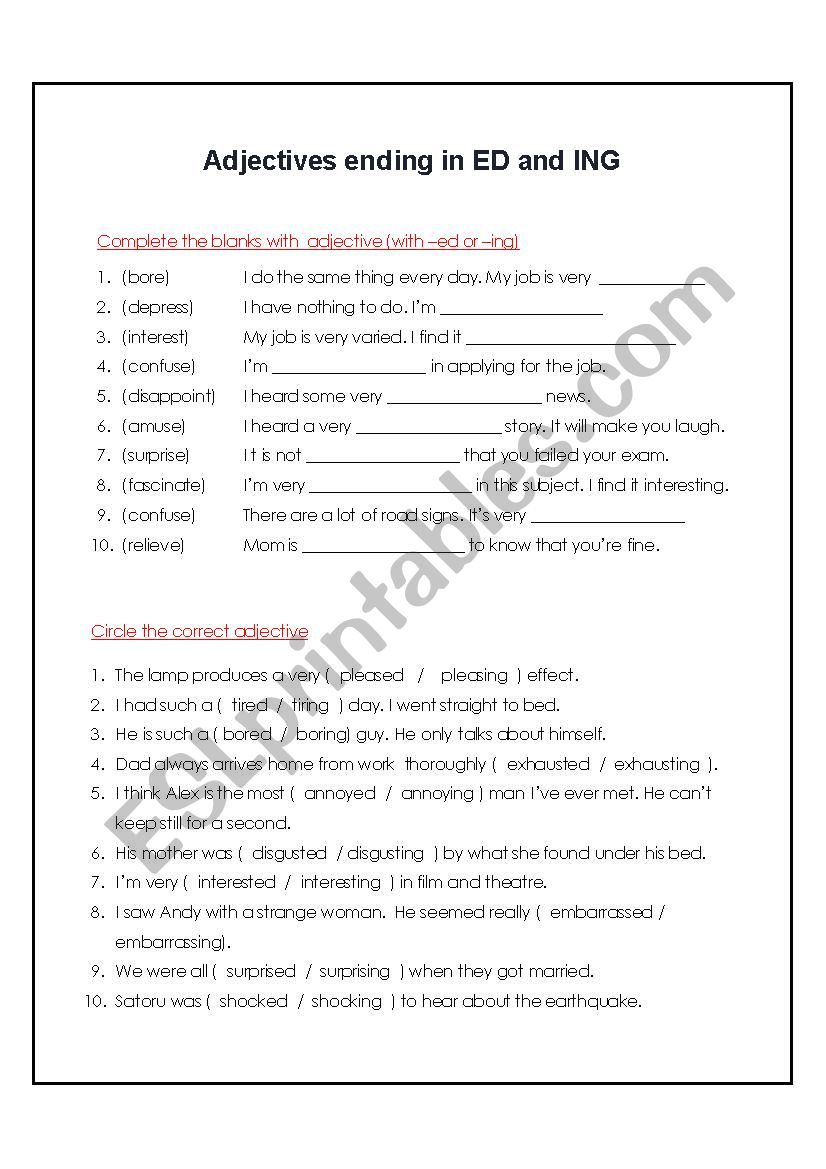 Adjective Ending -ed or -ing worksheet