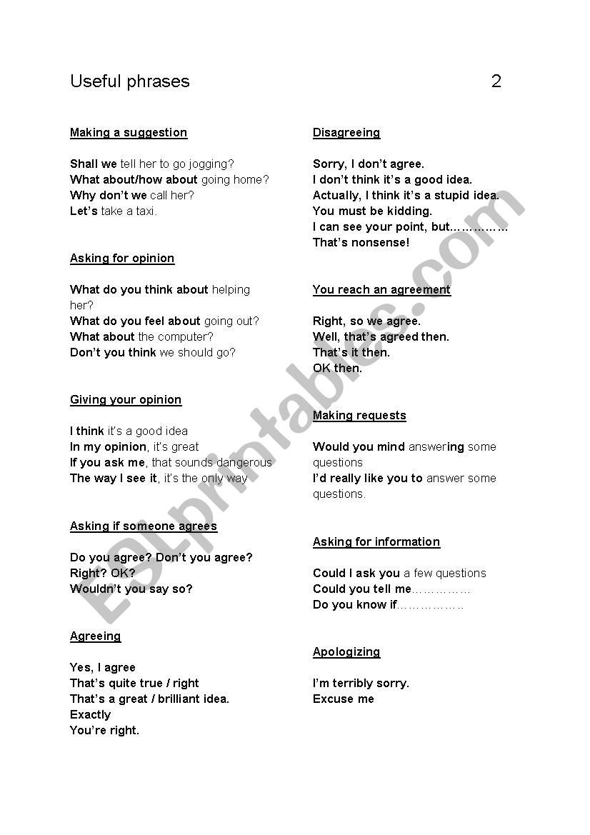 Useful phrases worksheet