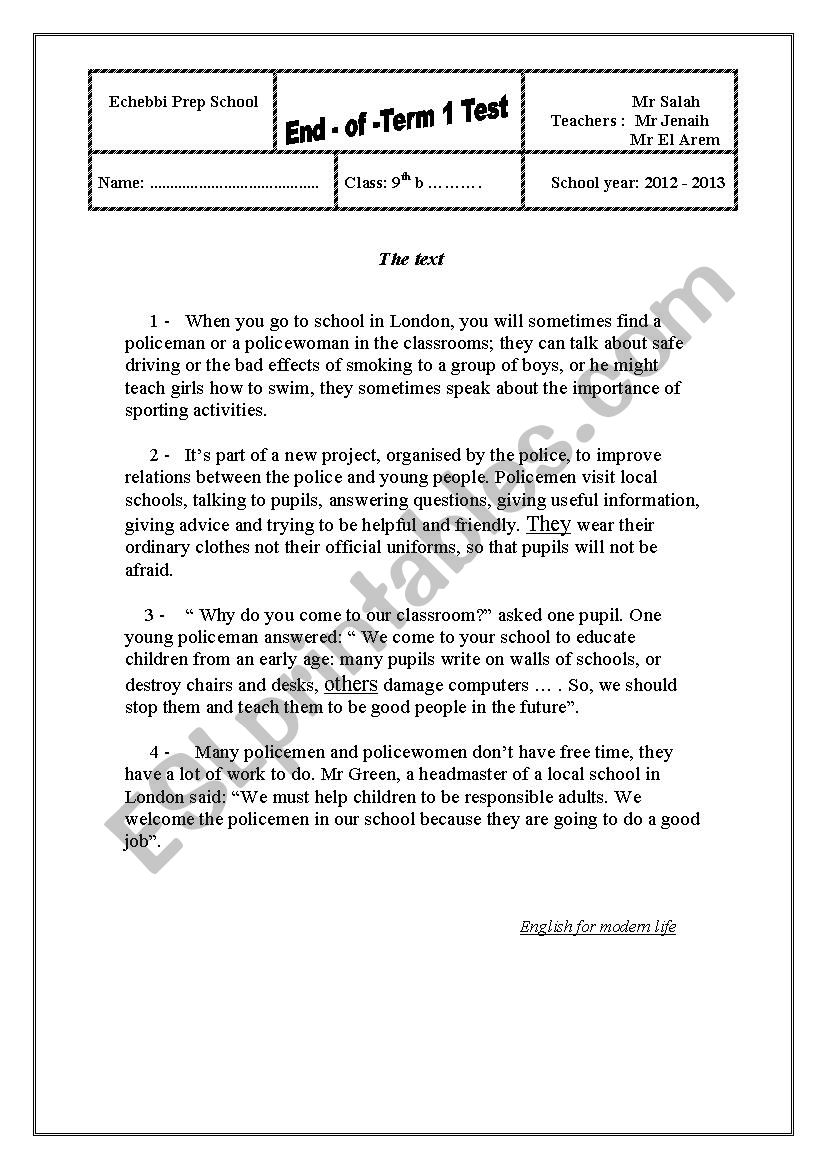 9 TH FORM END TEST 1 worksheet