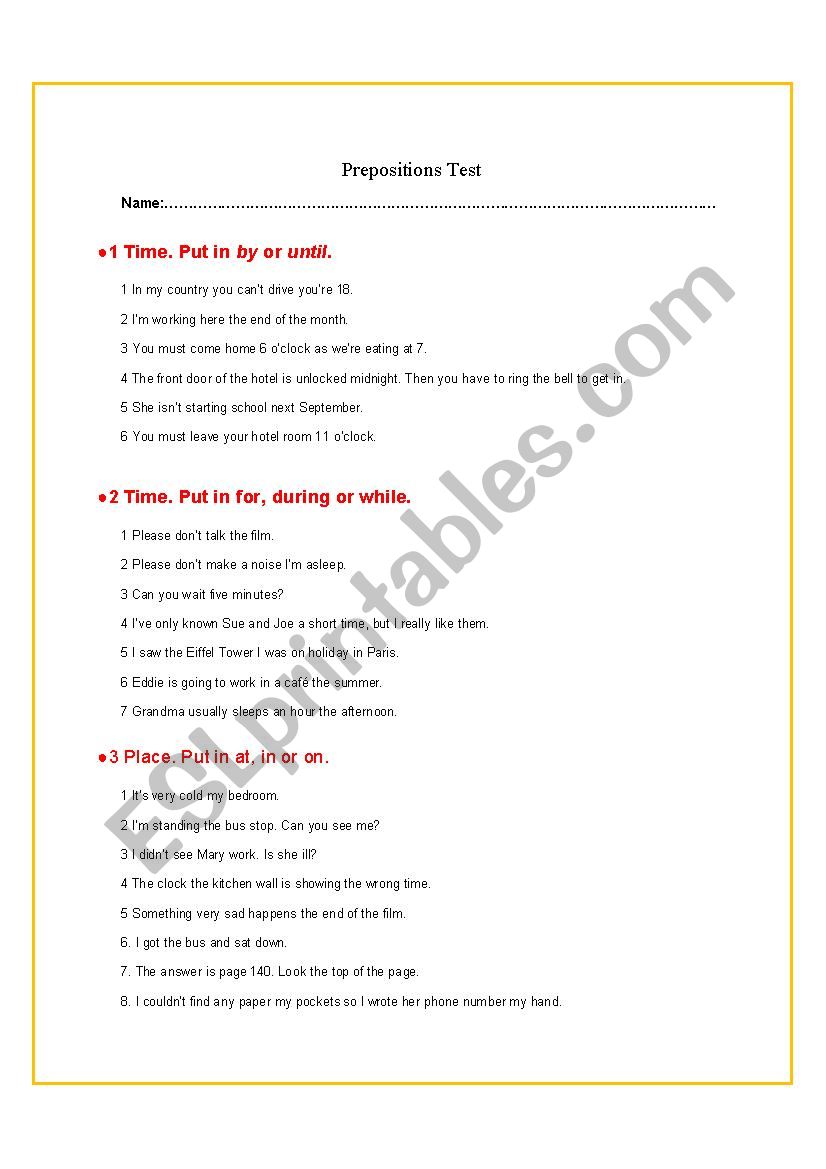 Prepositions worksheet