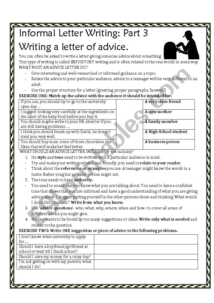Writing a letter of advice worksheet