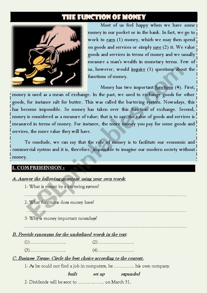 the function of money worksheet