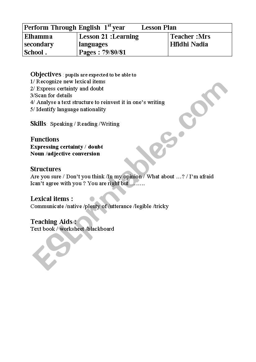 lesson 21 ;learning Languages worksheet