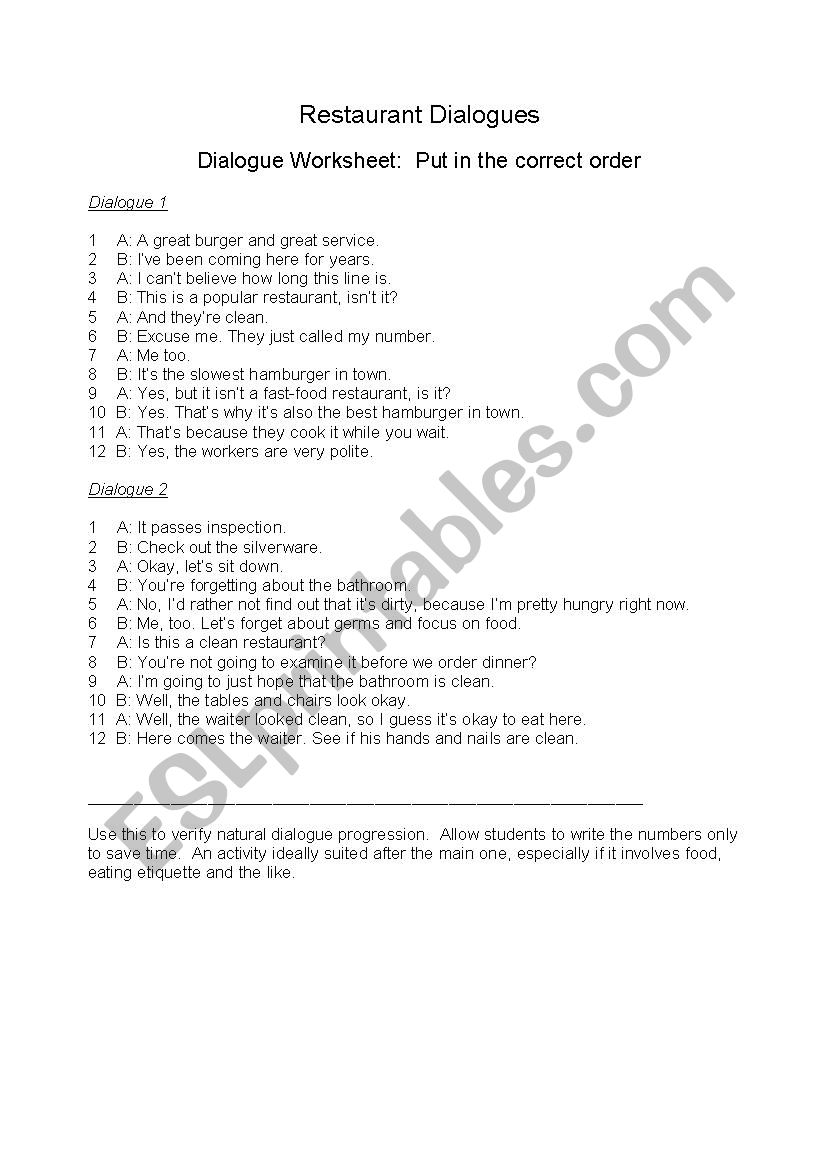 Restaurant dialogues worksheet