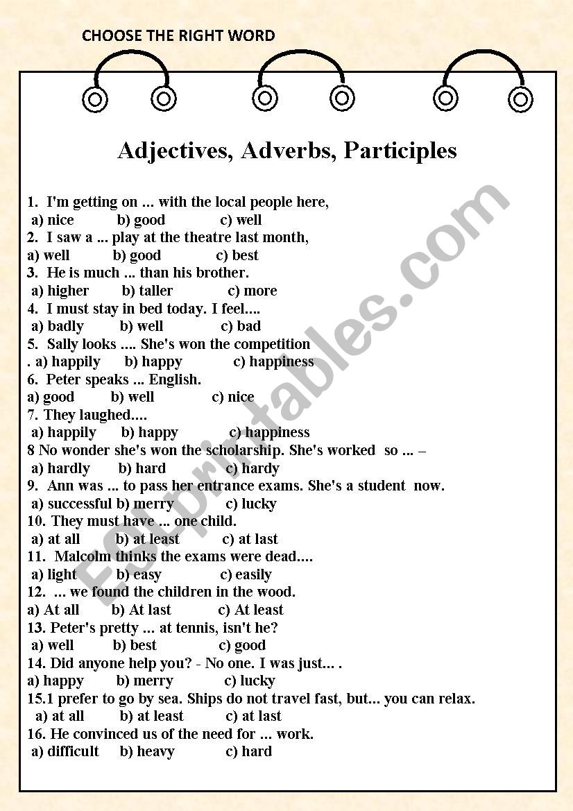 Adjectives, Adverbs, Participles ( word choice)
