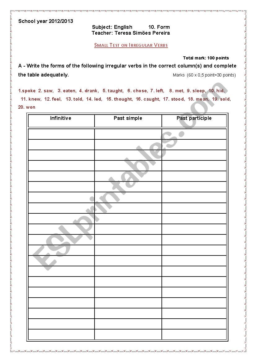 Irregular verb test worksheet