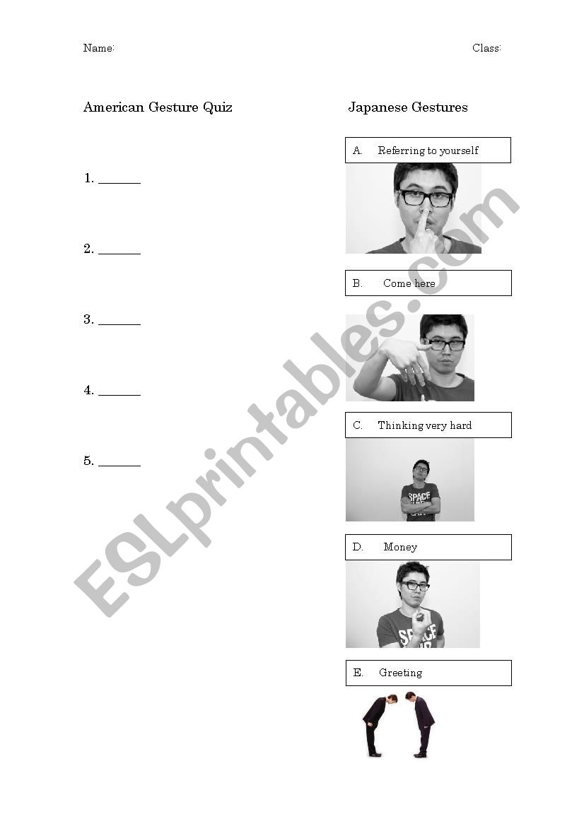 Japan/America Gestures worksheet