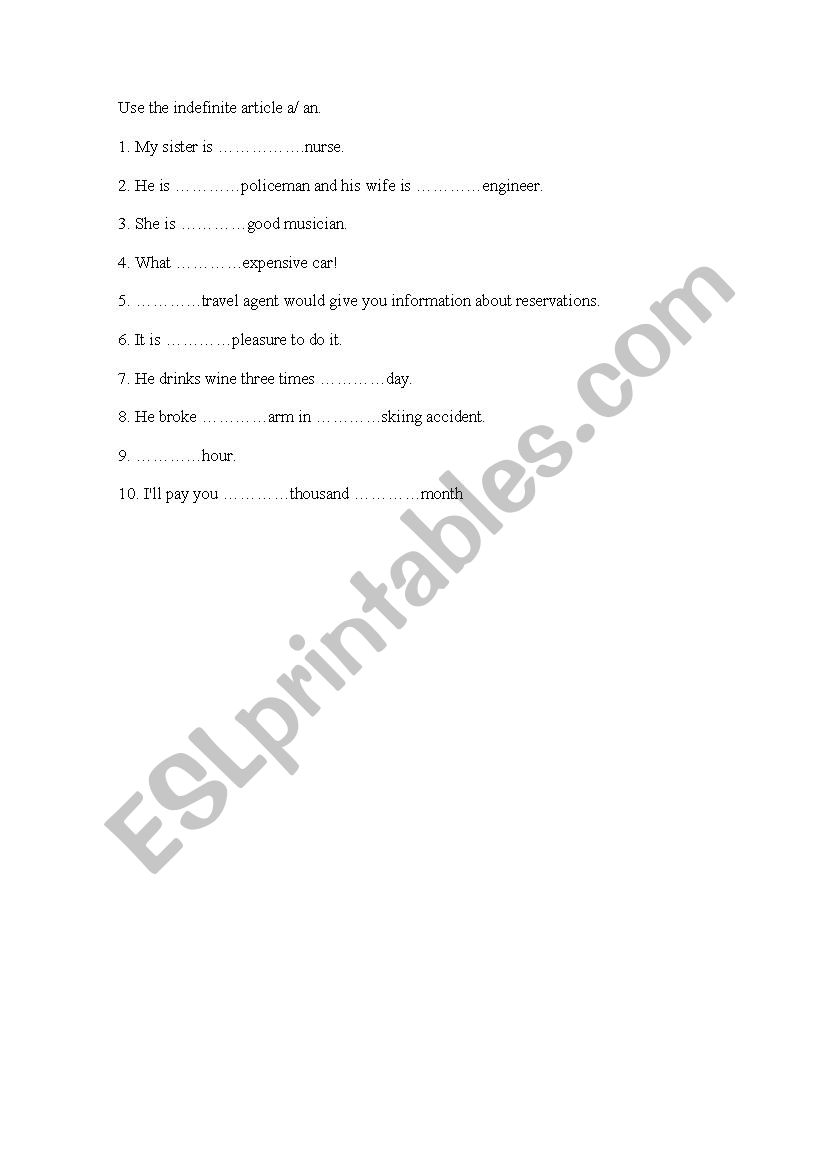 INDEFINITE ARTICLE A/AB worksheet