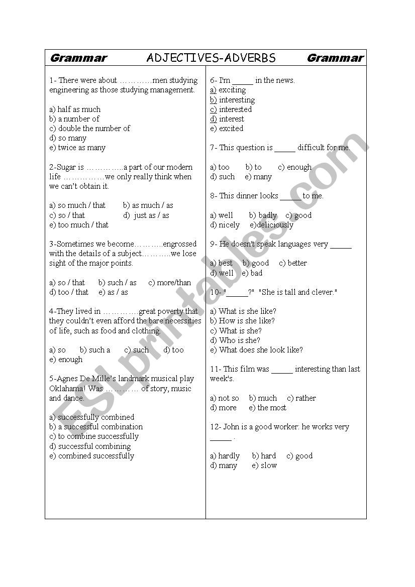 adjectives/adverbs worksheet