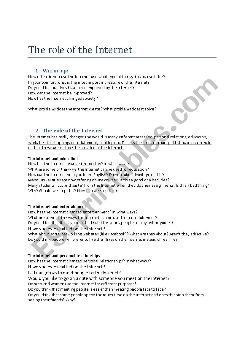 The role of the Internet worksheet