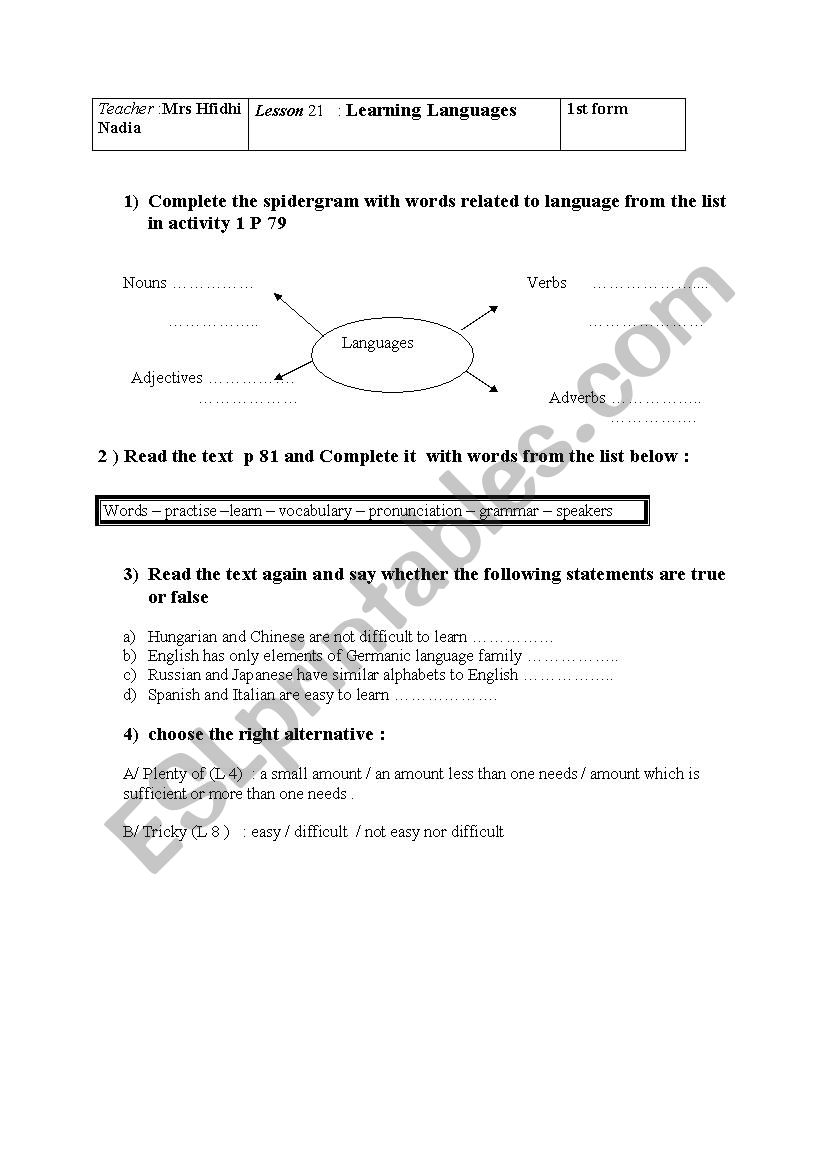 lesson 21 ;learning Languages worksheet