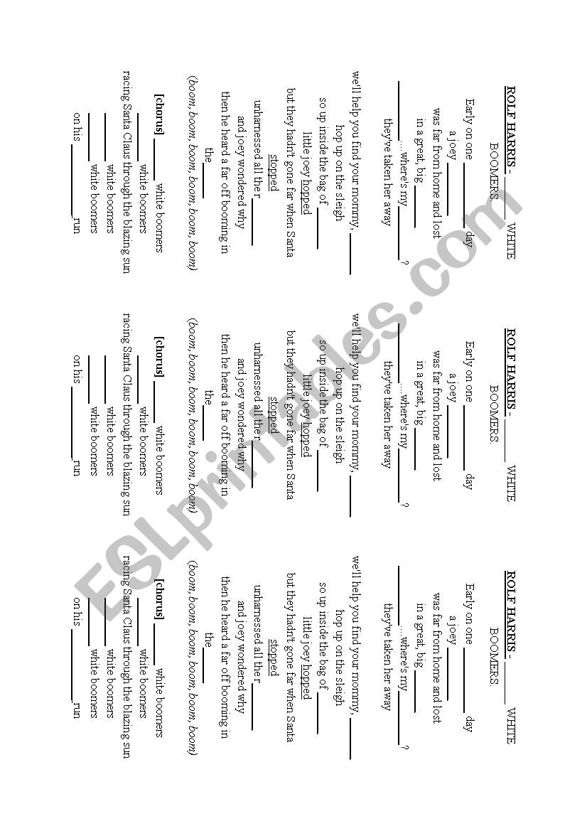 6 white boomers - ROLF HARRIS worksheet