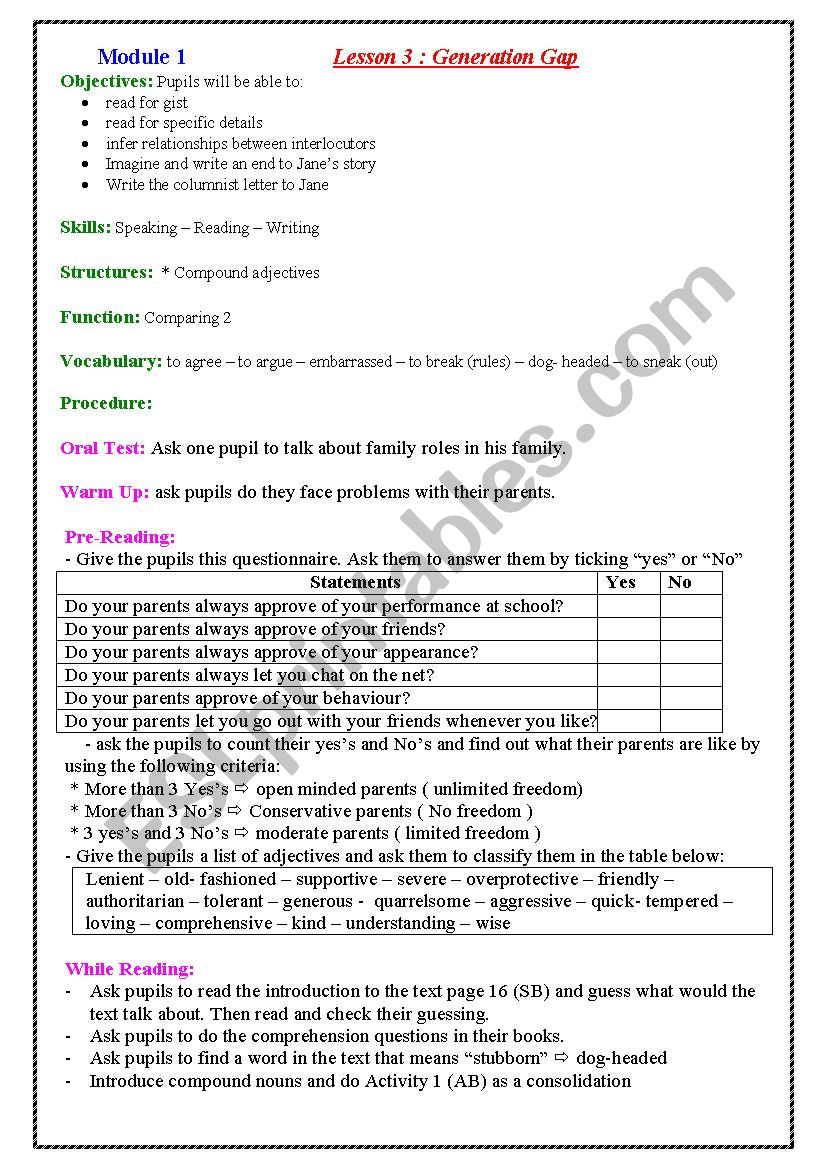 Generation gap worksheet