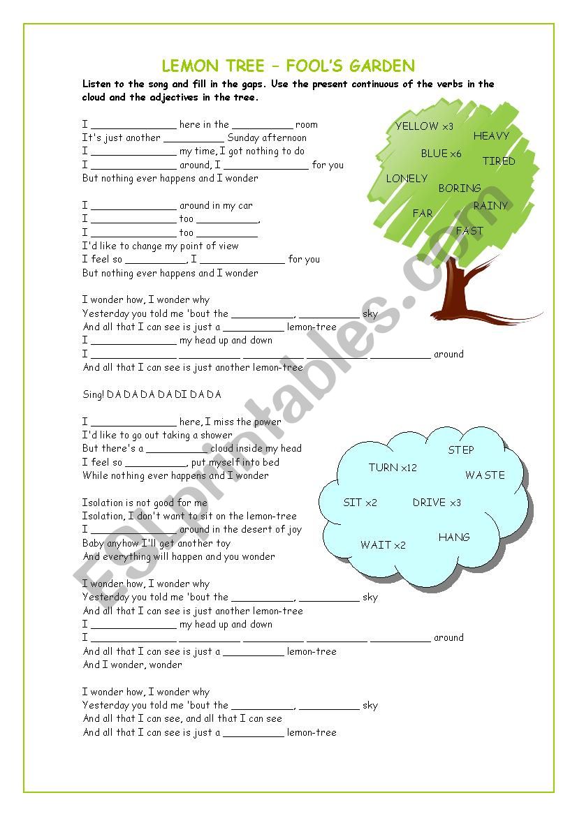 Lemon tree by Fools garden worksheet