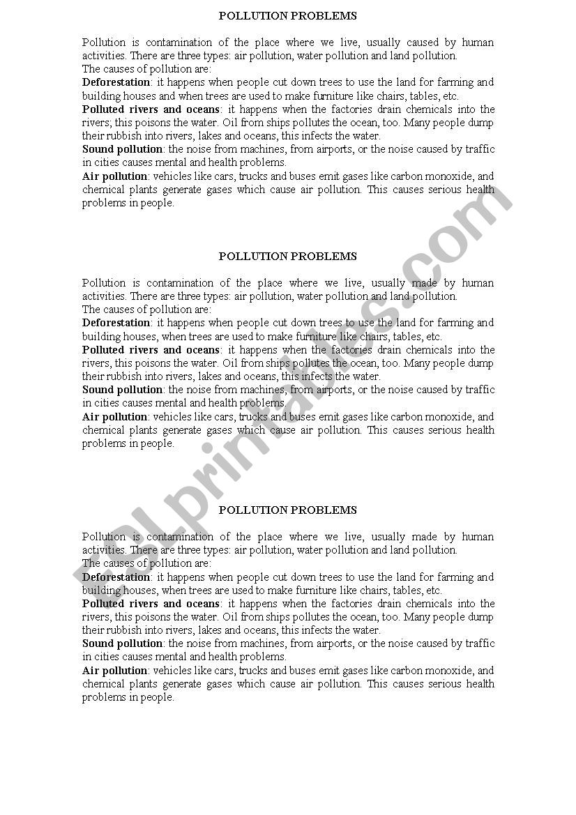 Pollution problems worksheet