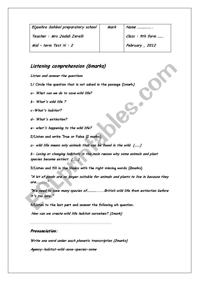 mid-term test N:2 worksheet