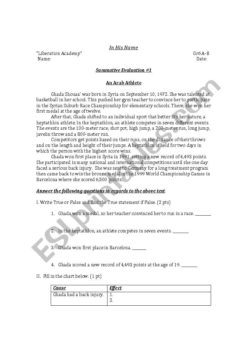 Sports worksheet