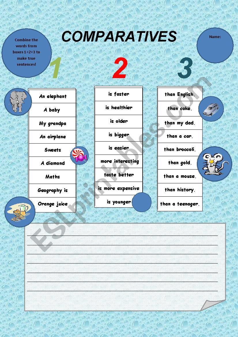 Comparatives sentence builder worksheet