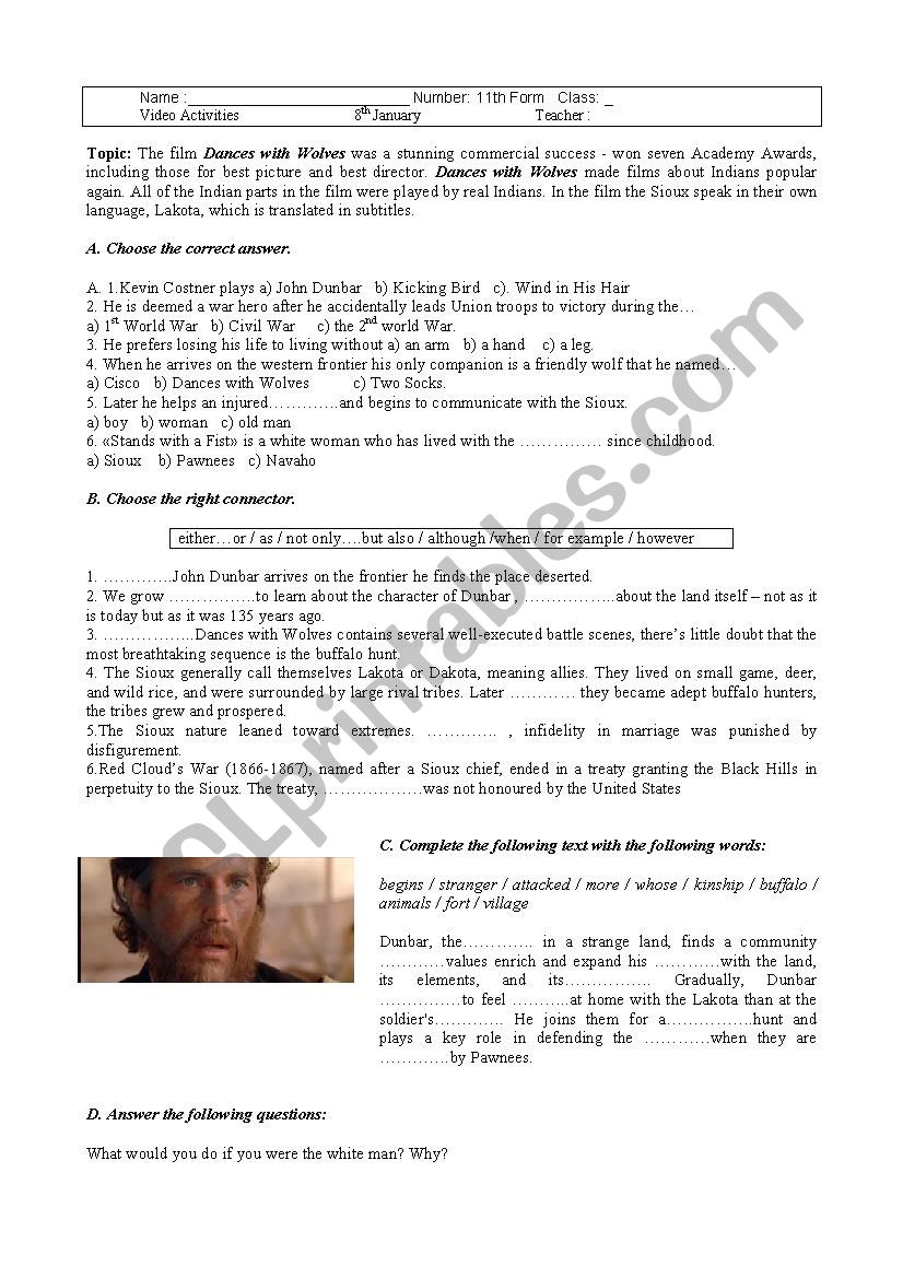 The film Dances with Wolves worksheet
