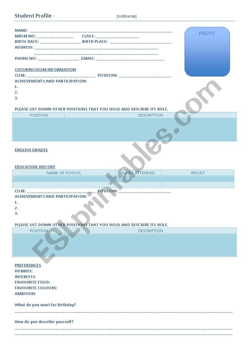 Student profile worksheet