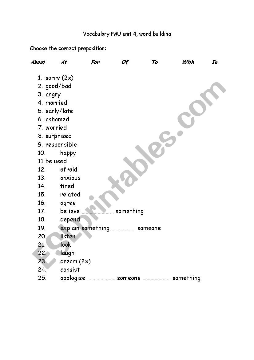 Adjective/verb + preposition worksheet