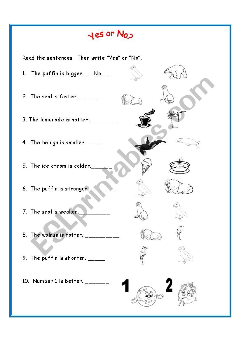 Comparisons Yes No worksheet