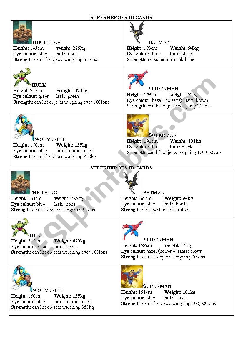 Superhereos ID cards worksheet