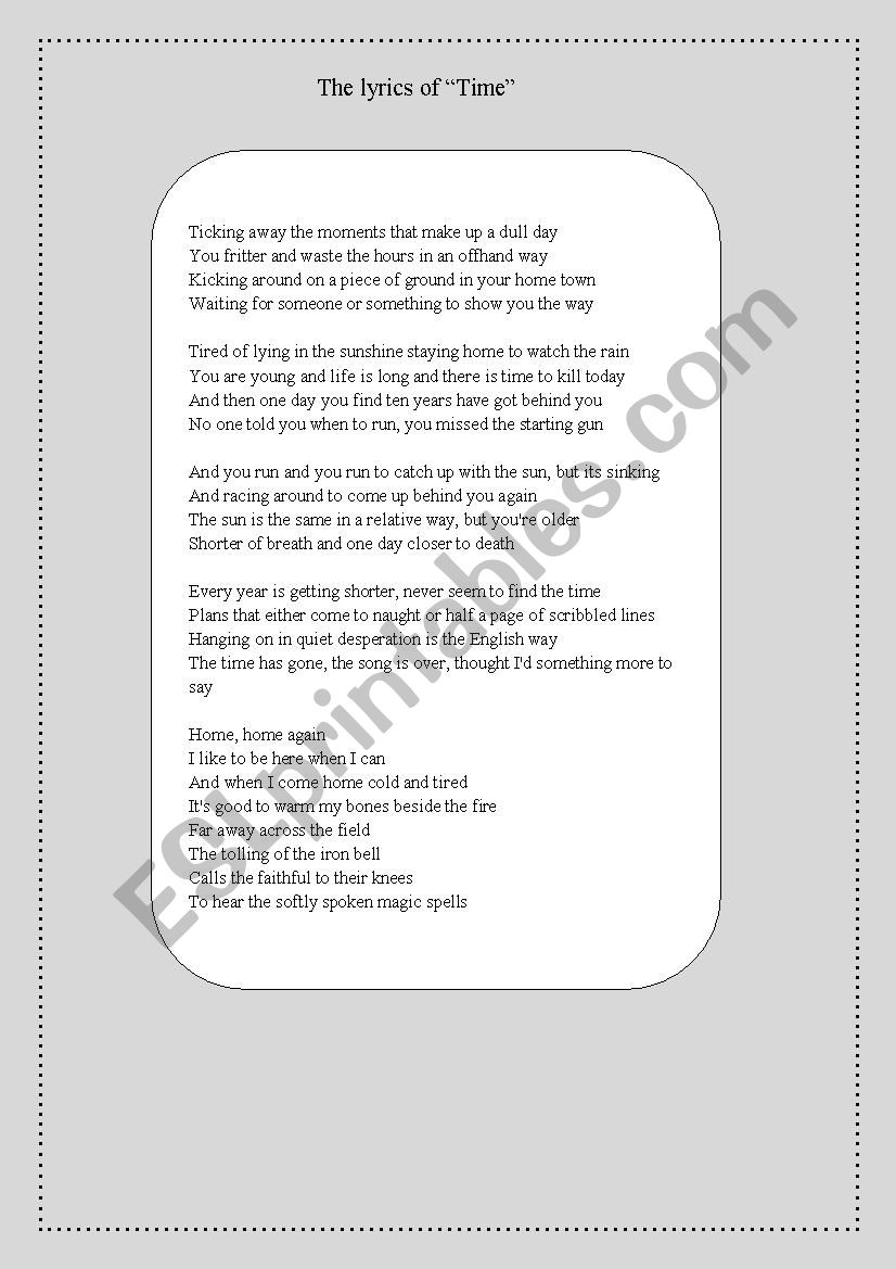 Time By Pink Floyd Esl Worksheet By Aleksana