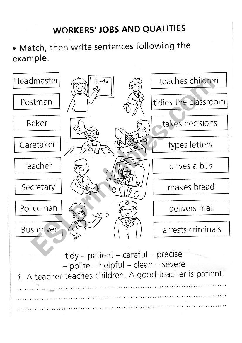 WorkersÂ´ jobs and qualities worksheet