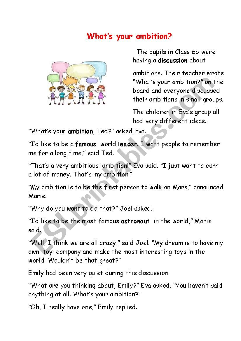 WhatÂ´s your ambition? comprehension reading 