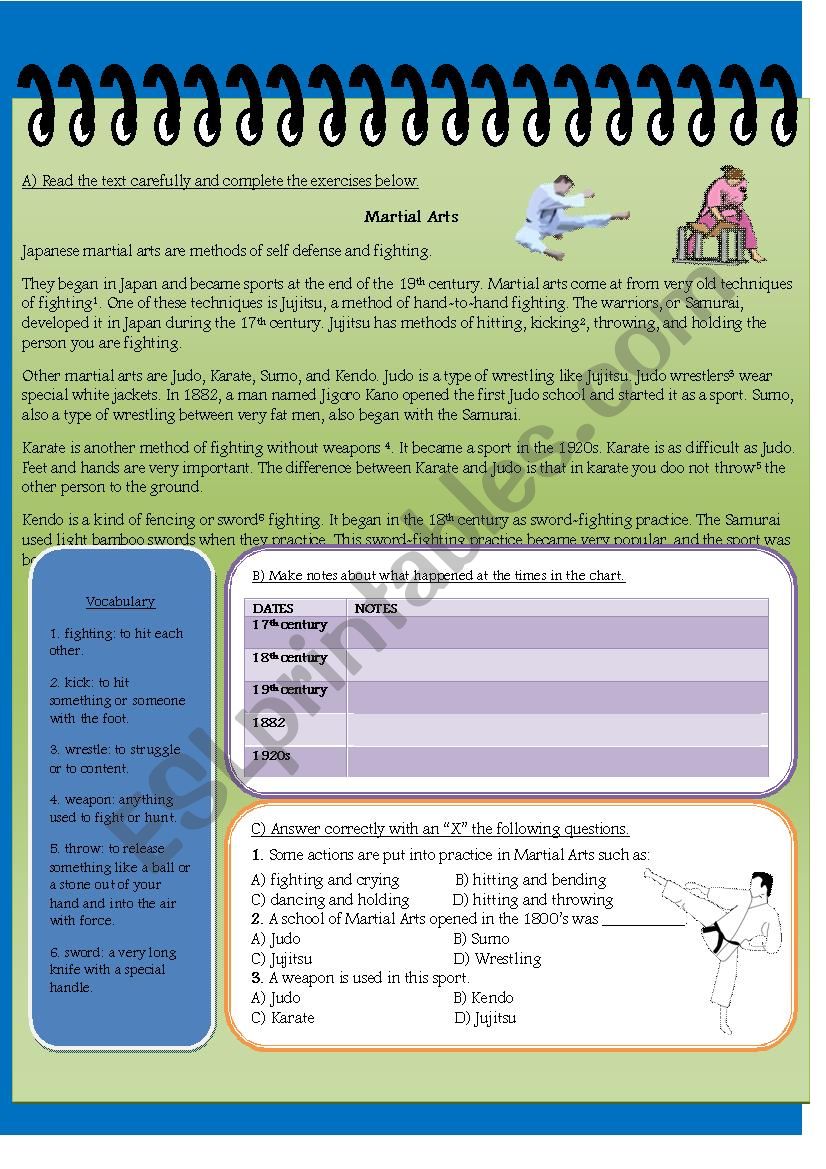 Matial Arts (Reading + Activity + Answer Key)