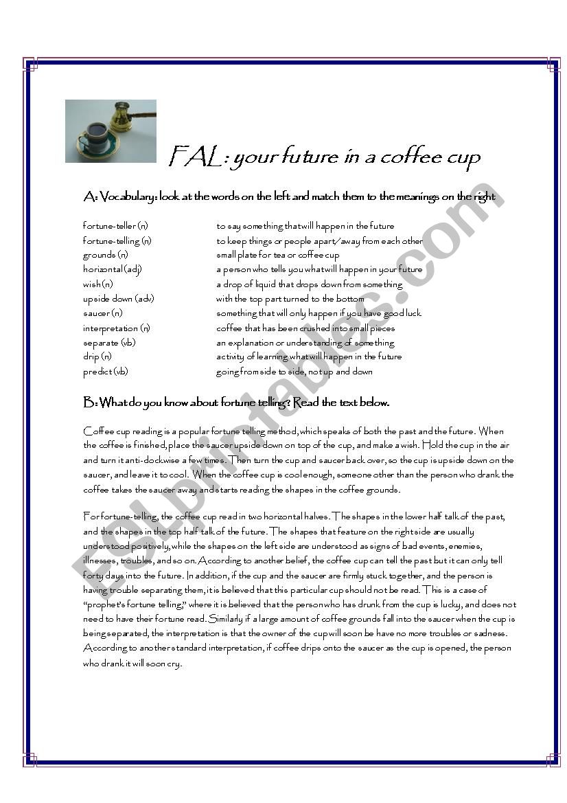 Fortune telling in a cup worksheet