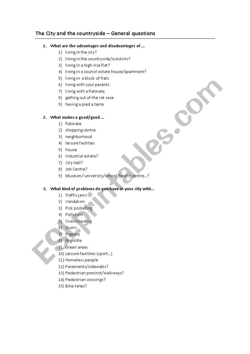 City & Countryside  worksheet