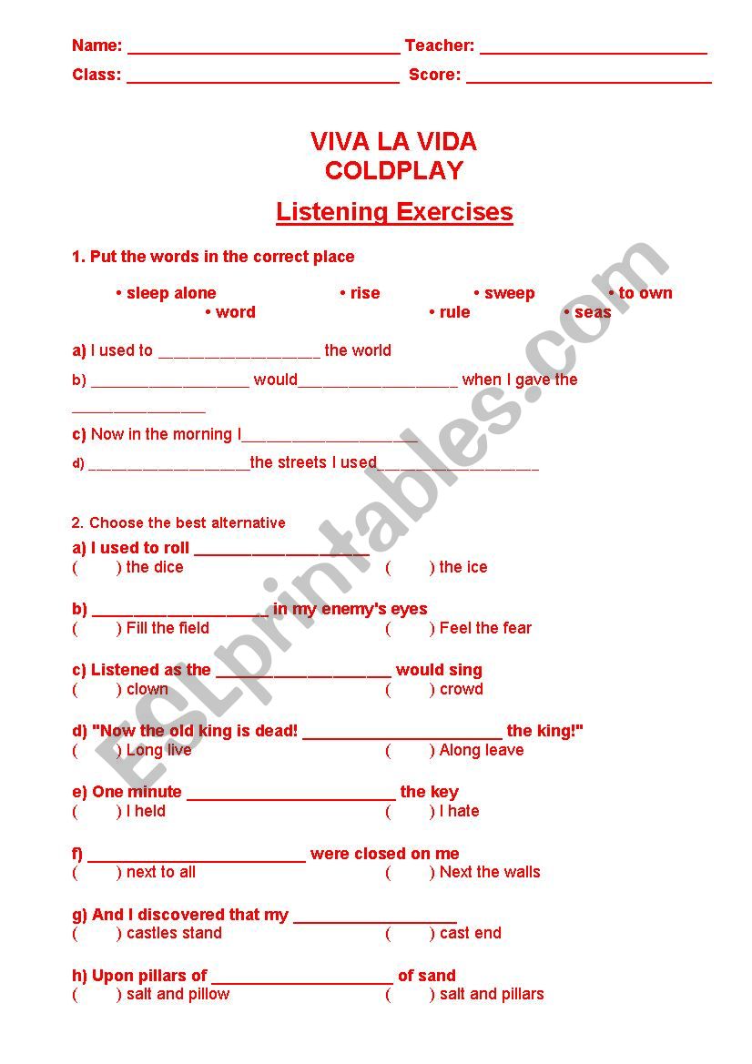 Viva la Vida - Coldplay worksheet