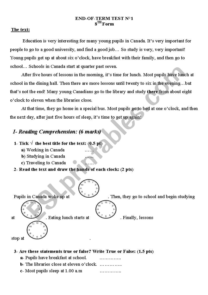 end of term test for 8th form tunisian prep school