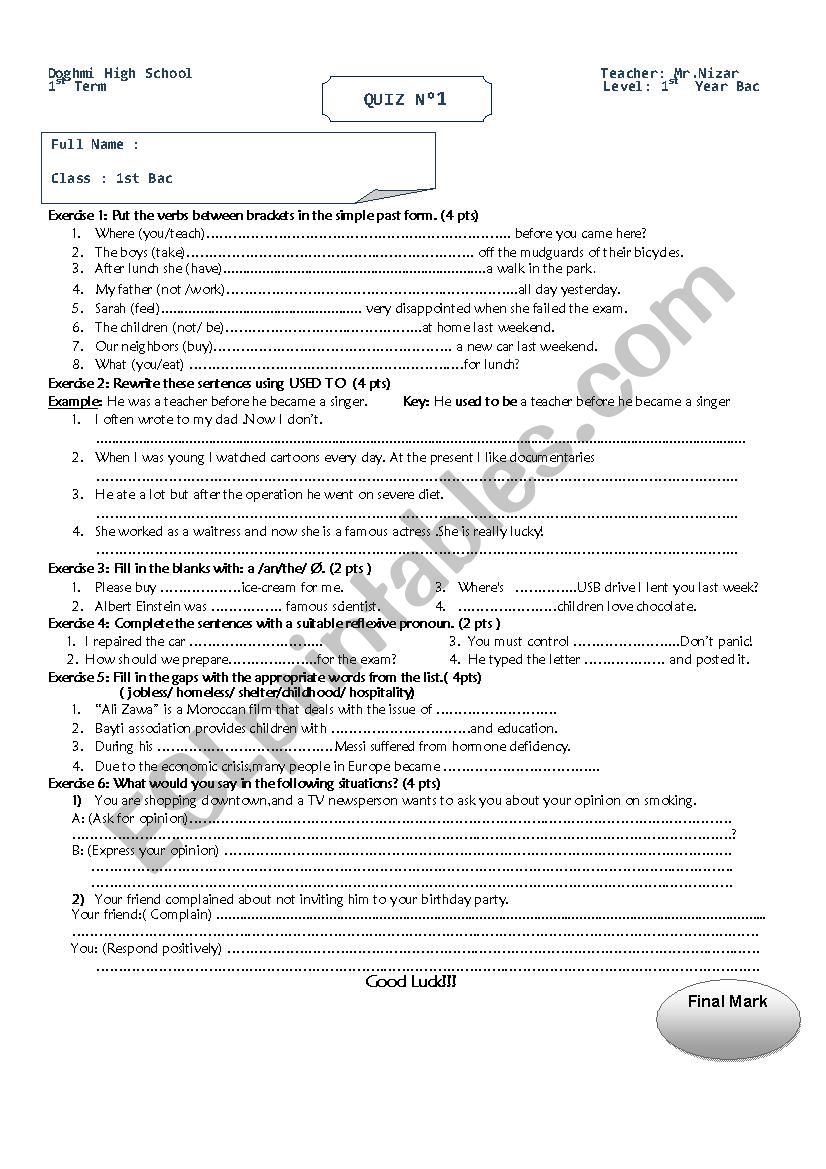 Test Bac 1 worksheet