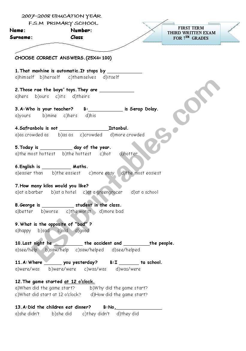 multiple choice exam for 7th grades