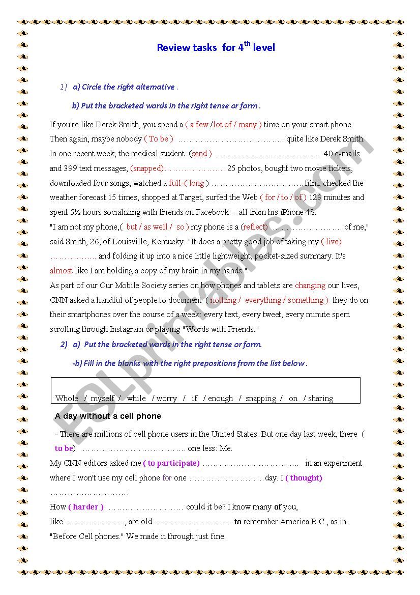 Review tasks  for 4th level worksheet