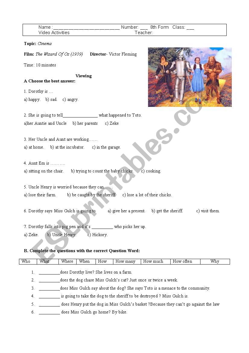 The film The Wizard of Oz worksheet