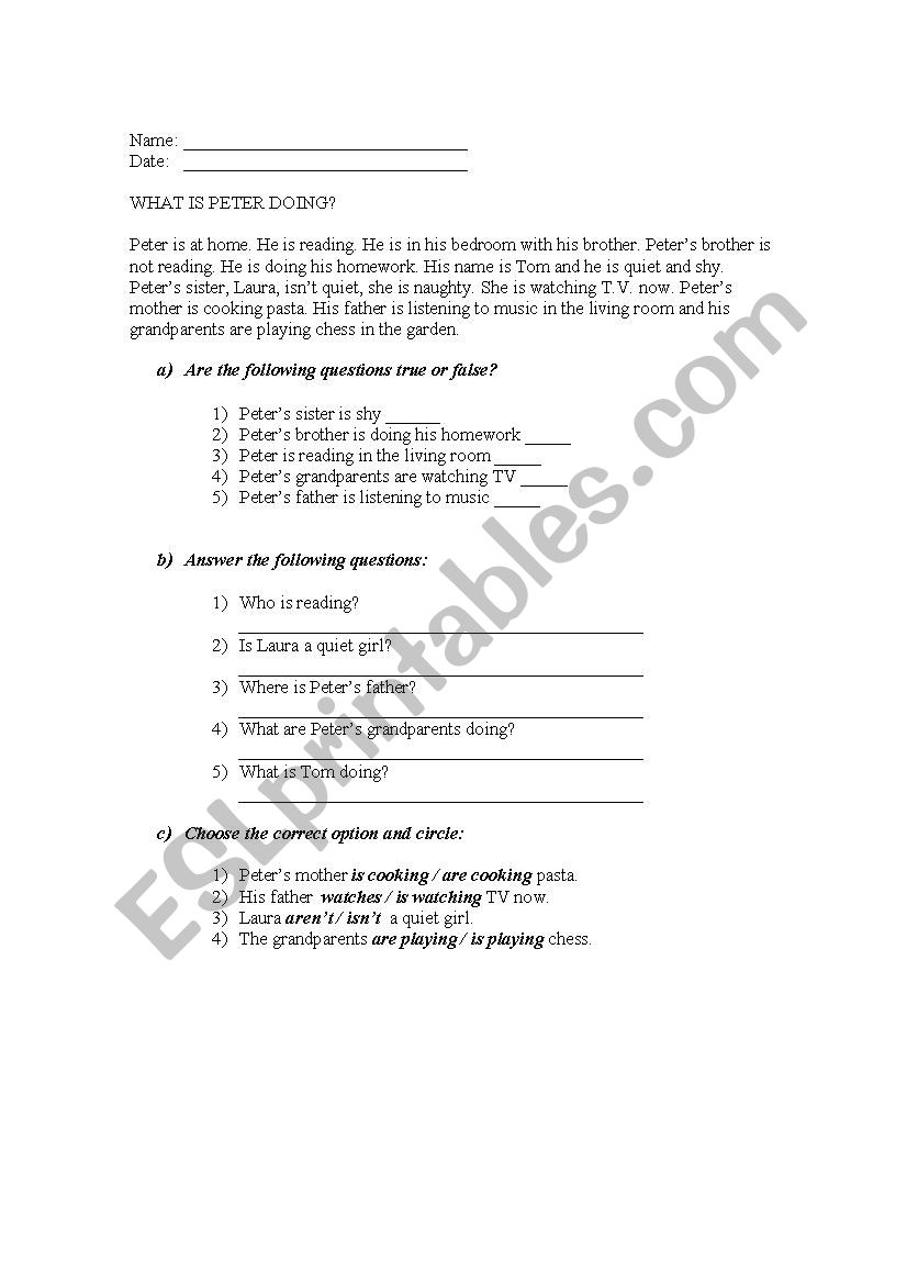 WHAT IS PETER DOING? worksheet