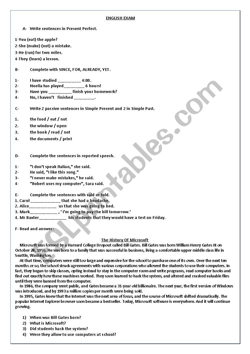 Pre-intermediate exam worksheet