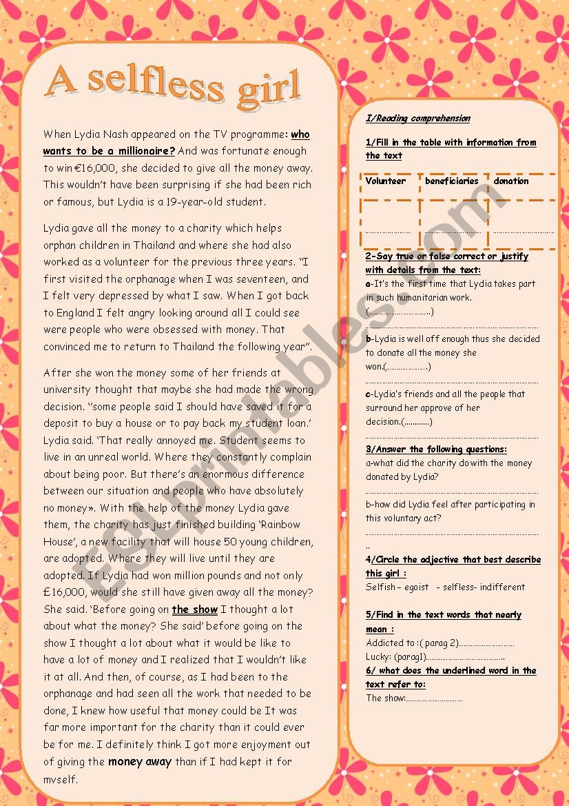 a selfless girl worksheet