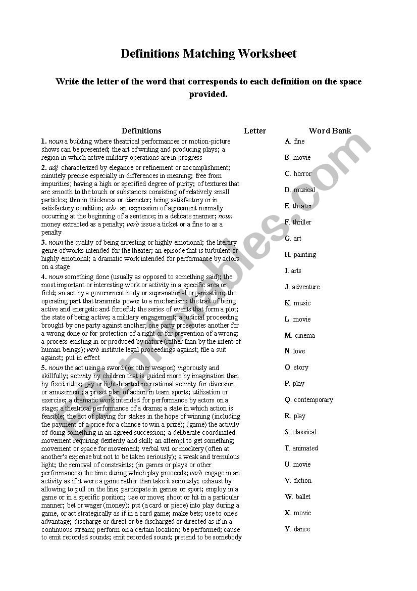 Entertainment Vocabulary matching exercises