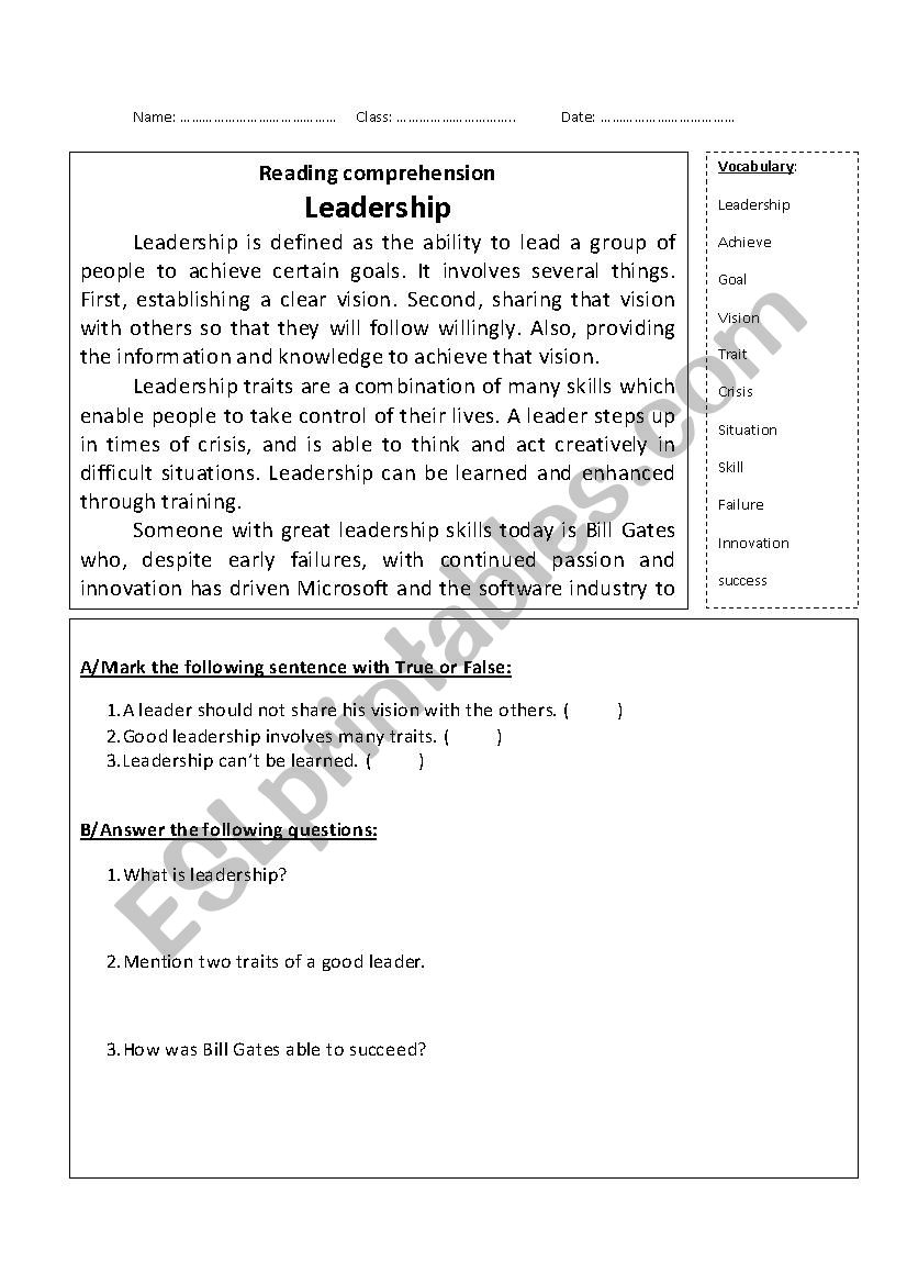 Leadership reading worksheet