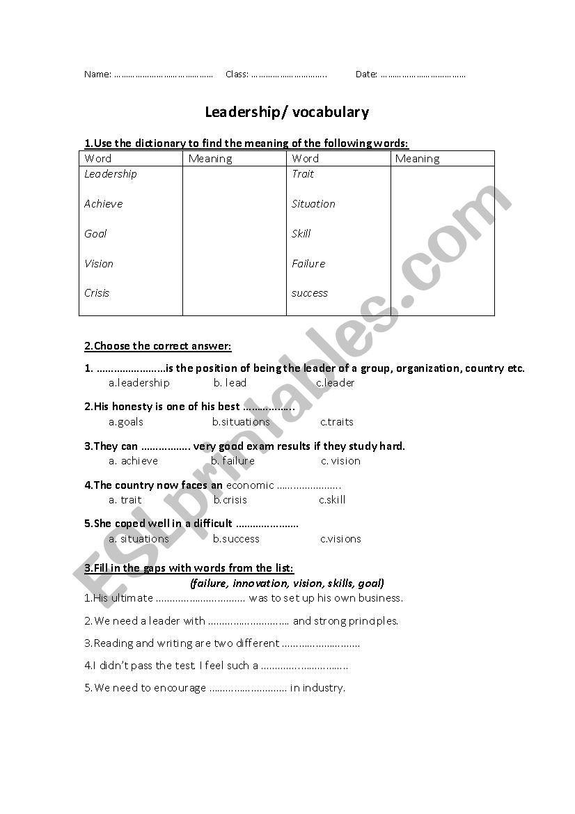 Leadership vocabulary worksheet