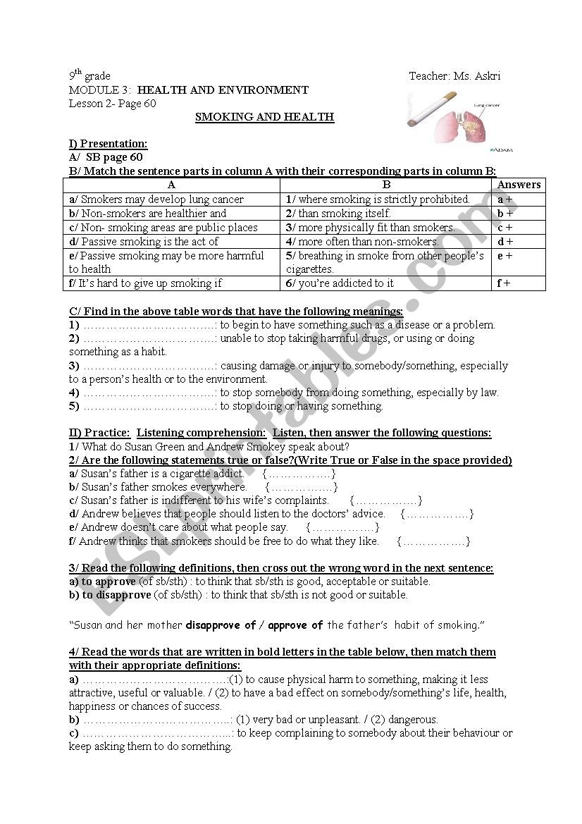 smoking and health worksheet